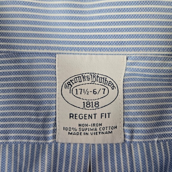 Brooks Brothers 1818 Dress Shirt Men 17.5 6/7 Button Up Long Sleeve Blue Striped - Picture 2 of 11